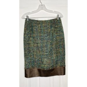 Lafayette 148 New York Womens Tweed Leather Trim Pencil Skirt Blue Green Brown 2
